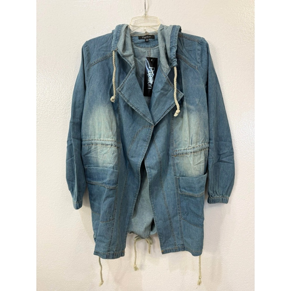 NWT Women's Papillon Light Denim Chambray Hooded Utility Jacket Size Medium‎